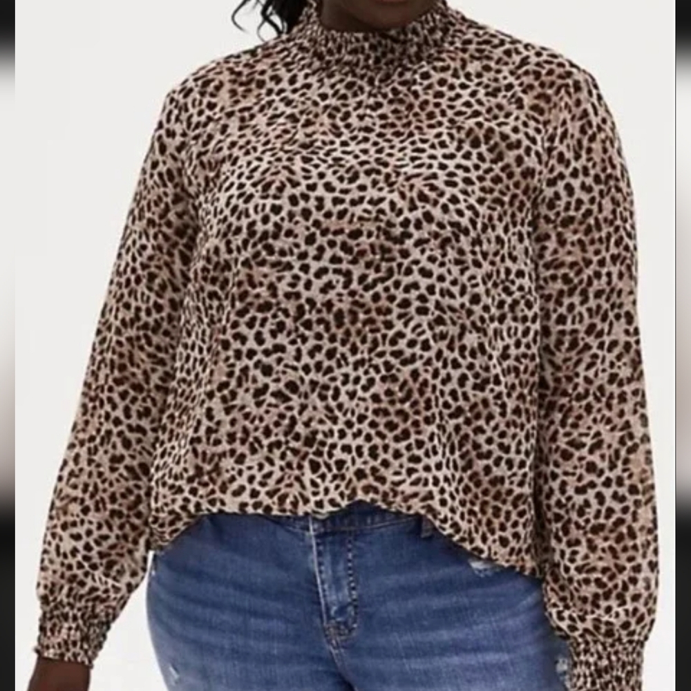 Torrid 1 1X 14/16 Brown Chiffon Leopard Print Long Sleeve Blouse Top Tunic